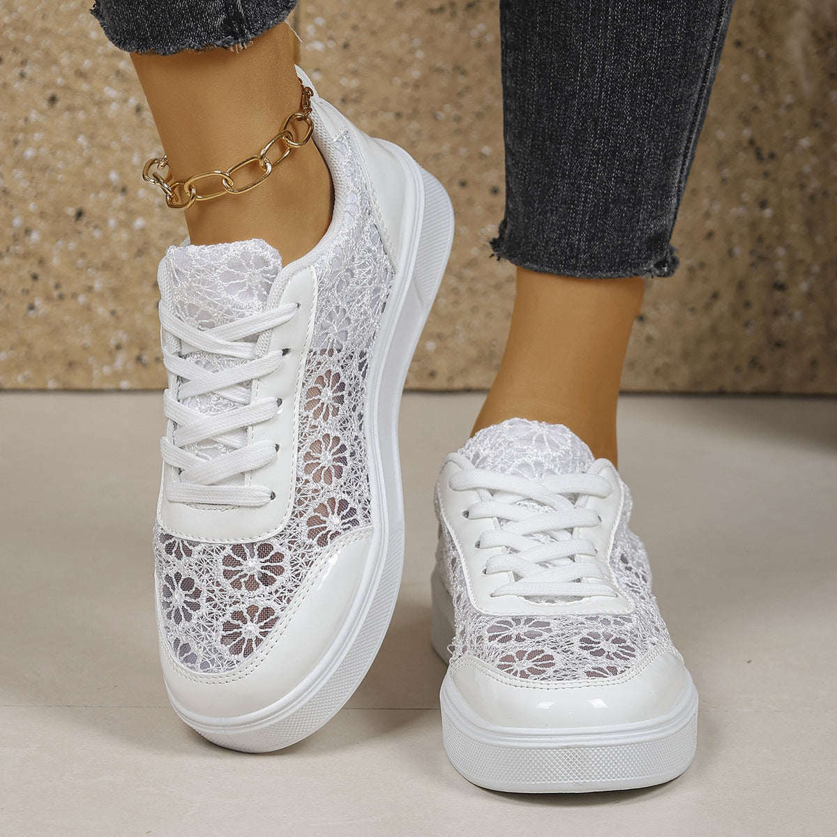 Plus-size Hollowed-out Breathable Thick-soled Casual Lace-up Pumps by DERILUJA LLC