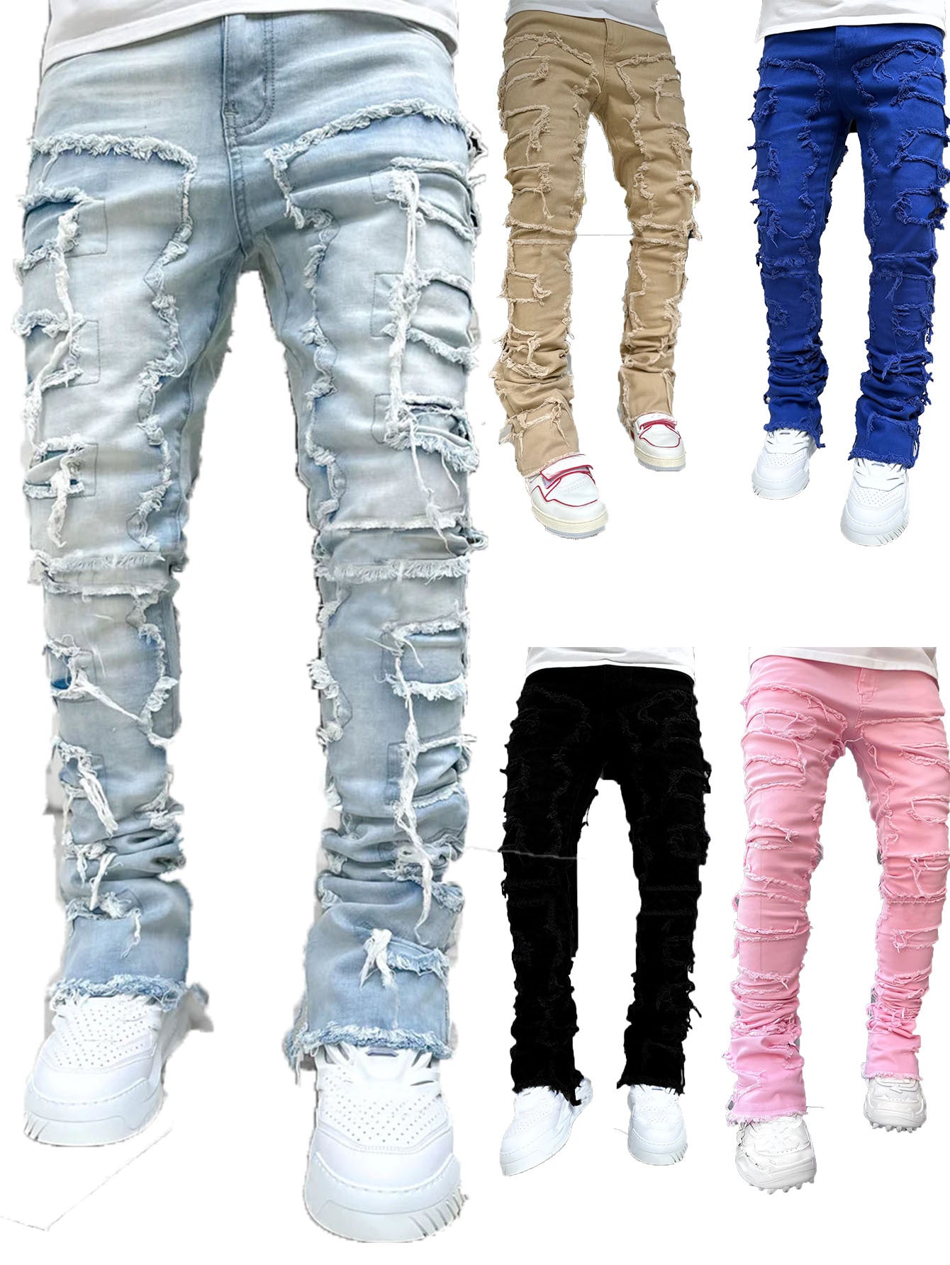 Fashion Stretch Patch Denim Straight-leg Pants