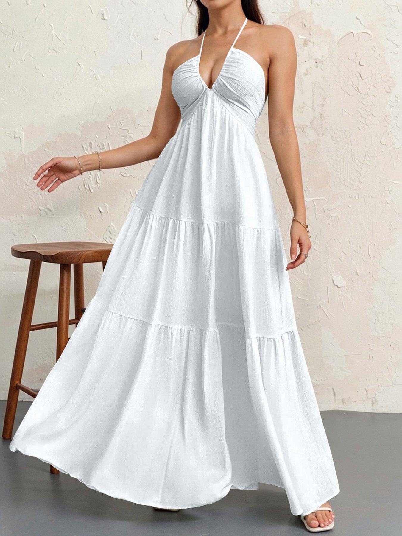 Backless Halterneck V-Neck Pleated A- Line Dress Women's Clothing One-Piece Dress Ankle-length Skirt For Beach Vacation Outfits by DERILUJA LLC