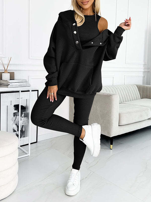 3pcs Women's Sports Suit Loose Hooded Pockets Sweatshirt And Vest And Slim Trousers by My Store
