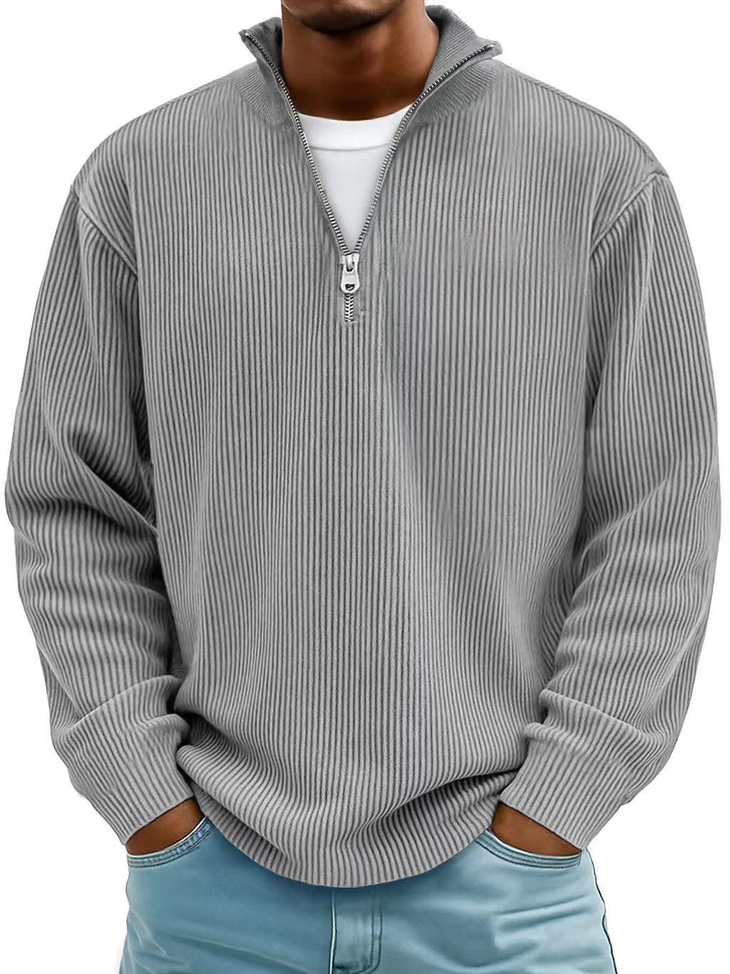 Corduroy Zipper Stand Collar Sweatshirt Fashion Warm Solid Color Long Sleeve Top Men's Casual Polo Shirt Clothing by My Store