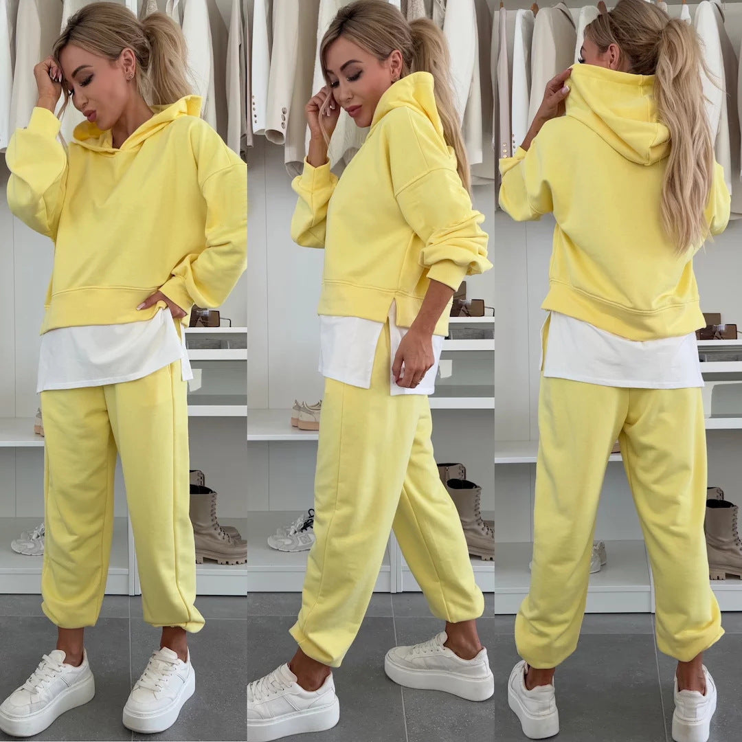 Hooded Sweatshirt Suit Loose Long Sleeve False Two-piece Tops And Jogger Sports Trousers Casual Spots Set For Women's Clothing by My Store