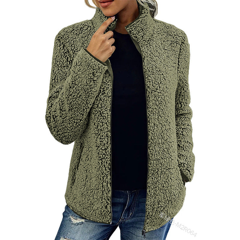 Fall Winter Warm Sweatshirt Stand Collar Solid Color Top Sweater Women's Casual Fashion Long Sleeve Zipper Bubble Velvet Coat Tops by My Store