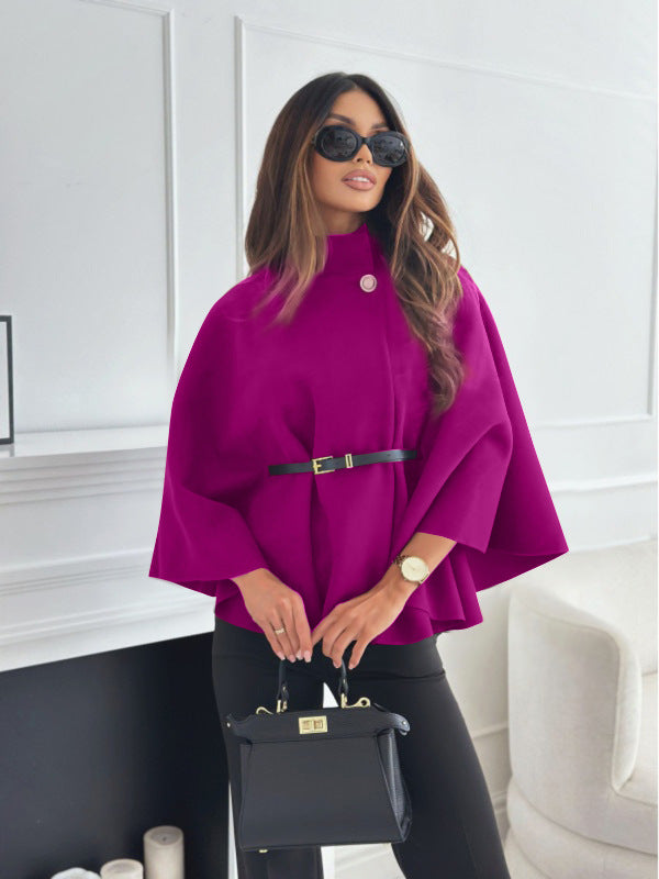 Stand Collar Batwing Sleeves Cloak Top With Belt Ins Fashion Temperament Jacket Woolen Sweater Outwear For Women Clothing by DERILUJA LLC