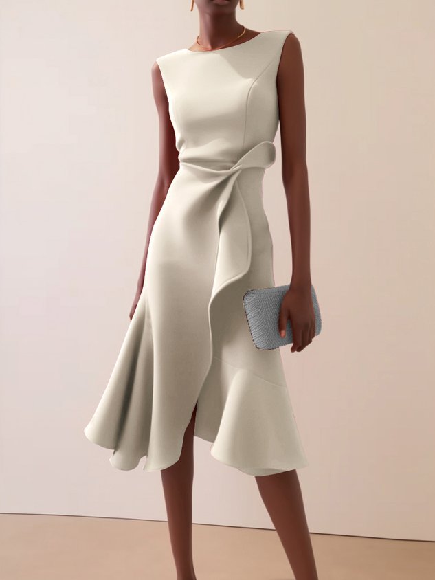 Women's Bow-knot Sleeveless Dress Summer Round Neck Red Temperament by DERILUJA LLC