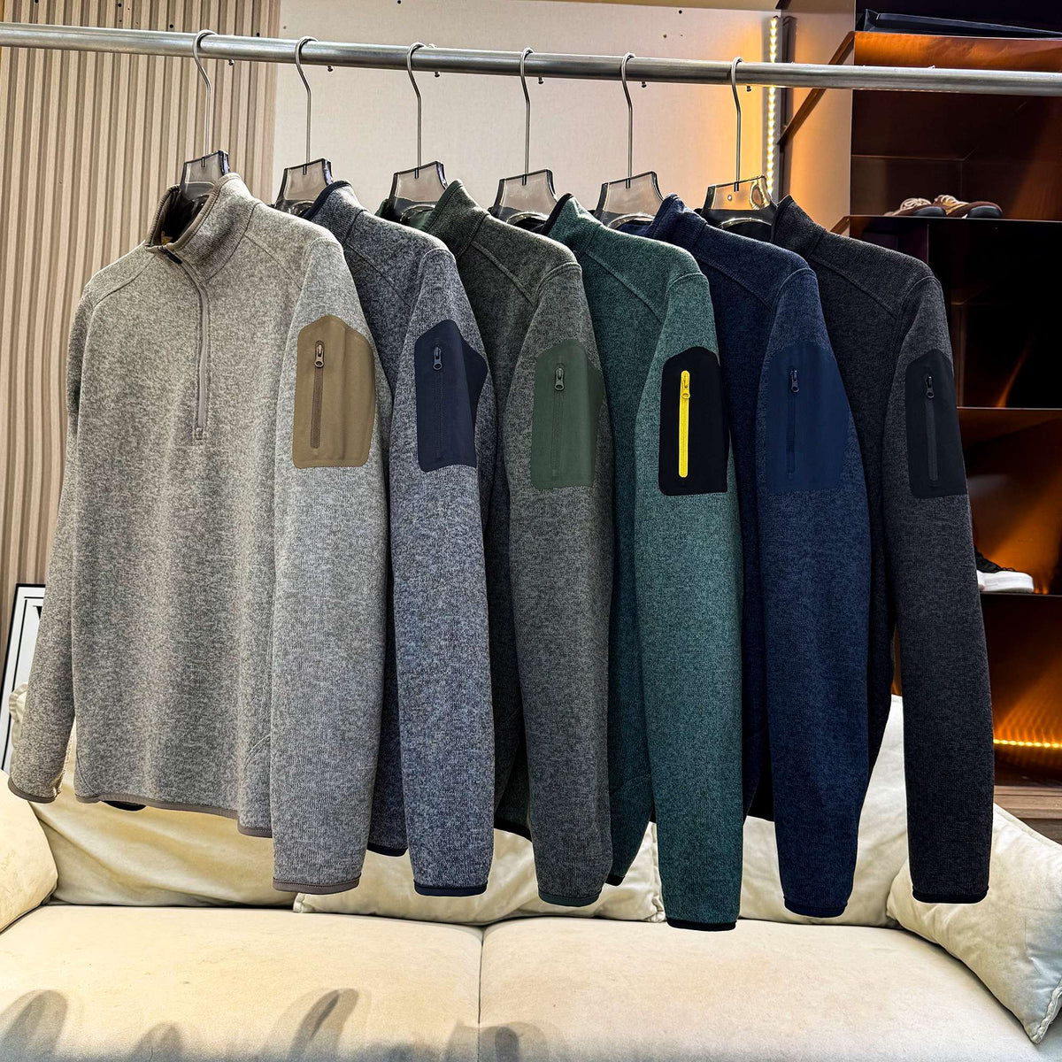 Men Quarter Zip Knit Fleece Pullover, Stand Collar Long Sleeve Sweater Jacket, Arm Zip Pocket, Warm Mid Layer For Hiking Camping Urban Daily Wear by DERILUJA LLC