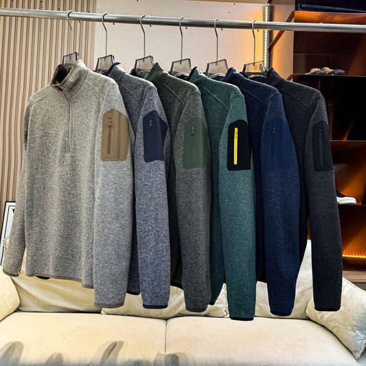 Men Quarter Zip Knit Fleece Pullover, Stand Collar Long Sleeve Sweater Jacket, Arm Zip Pocket, Warm Mid Layer For Hiking Camping Urban Daily Wear by DERILUJA LLC