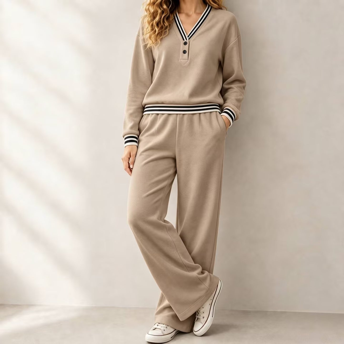 Womens V-neck Striped Sweatshirt And Wide-leg Pants Casual Lounge Set by DERILUJA LLC