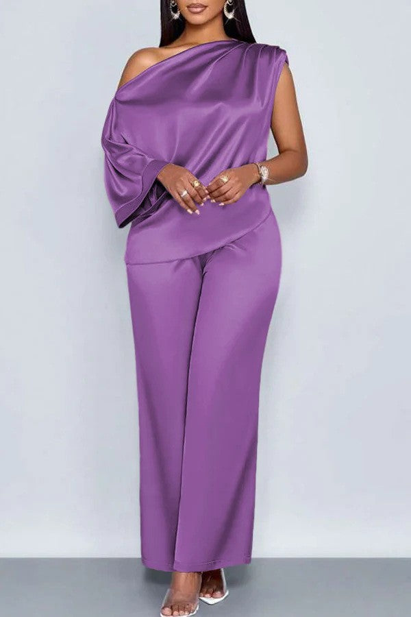 Long-sleeved Suit Off-shoulder Pullover Shirt Top And Loose Straight-leg Trousers Women's Clothing by DERILUJA LLC