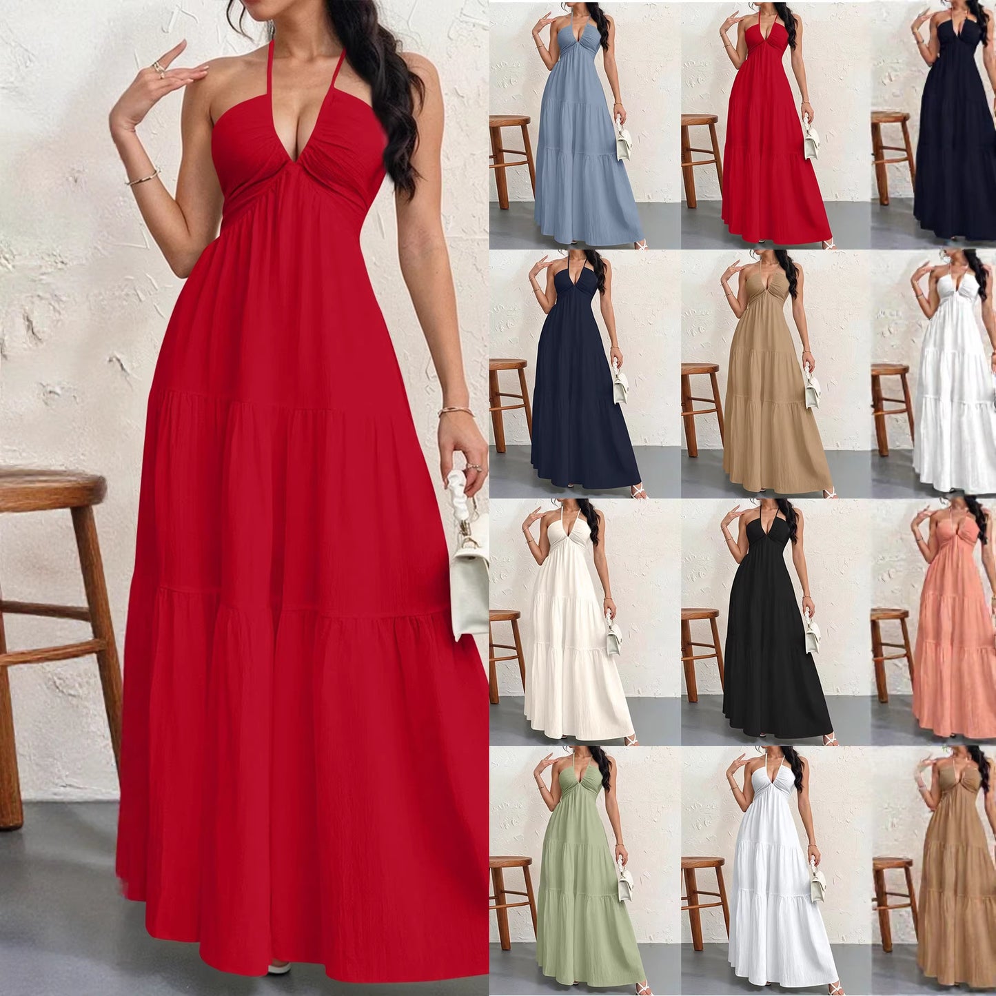 Backless Halterneck V-Neck Pleated A- Line Dress Women's Clothing One-Piece Dress Ankle-length Skirt For Beach Vacation Outfits by DERILUJA LLC