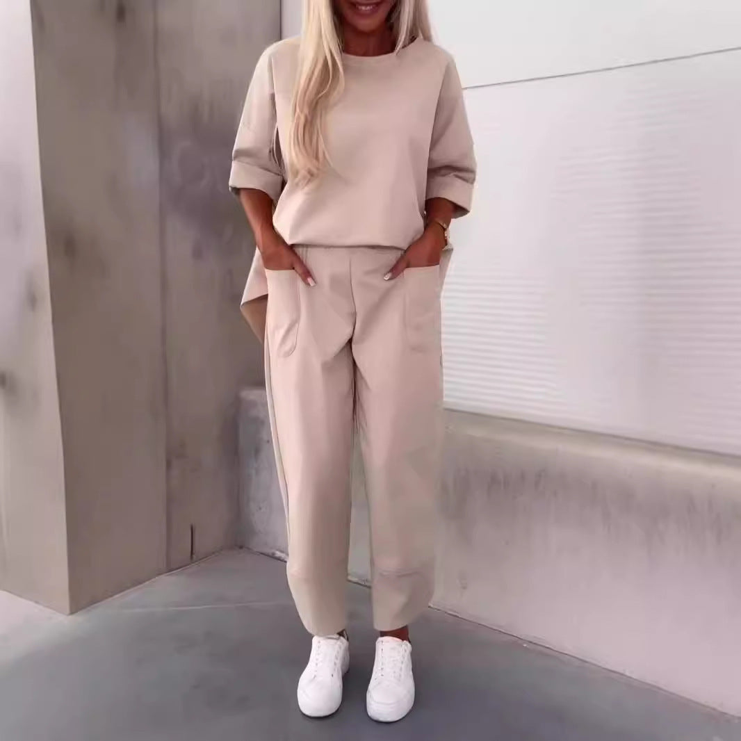 Two-piece Solid Color Round Neck Cropped Pants Set by My Store