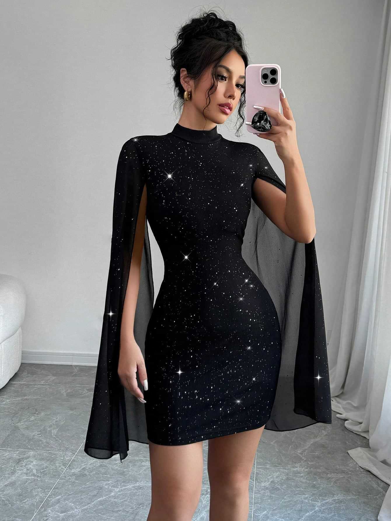 Women's Sexy Elegant Evening Party Dresses Round Neck Pit Stripe Pearl Chiffon Cape Sleeve Wrapped Hip Dress by DERILUJA LLC