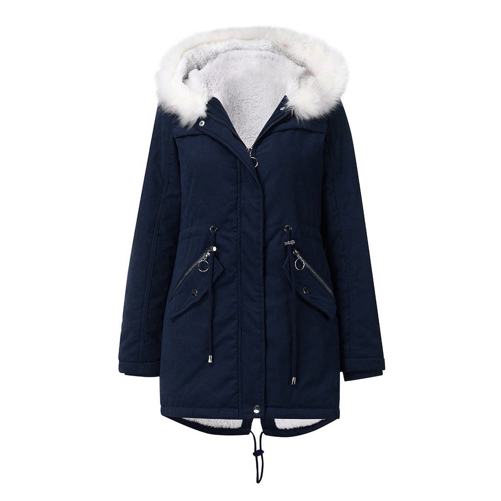 Women's Cotton-padded Coat White Fur Collar Parka by My Store