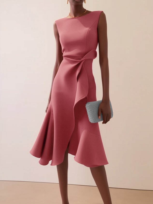 Women's Bow-knot Sleeveless Dress Summer Round Neck Red Temperament by DERILUJA LLC