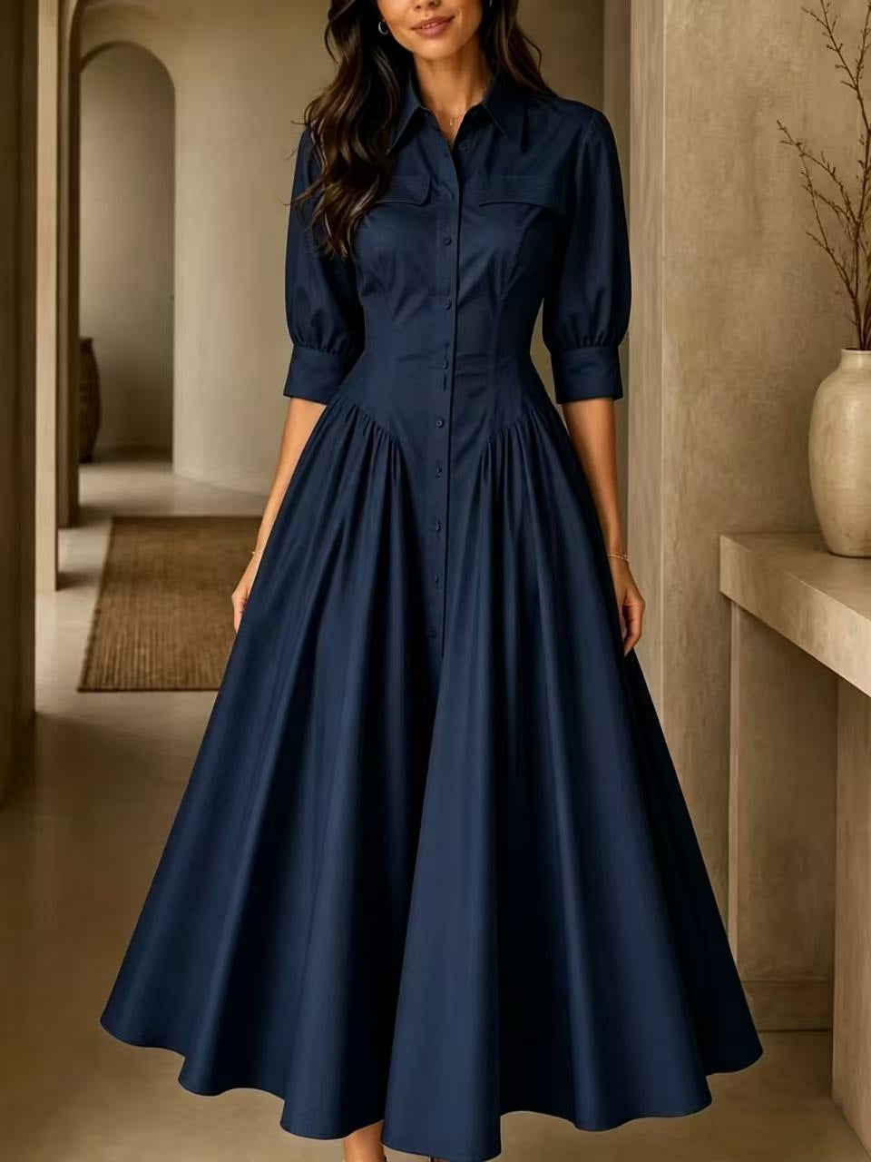 Cotton-linen Blend Single-breasted High-waisted Solid-color Dress by DERILUJA LLC