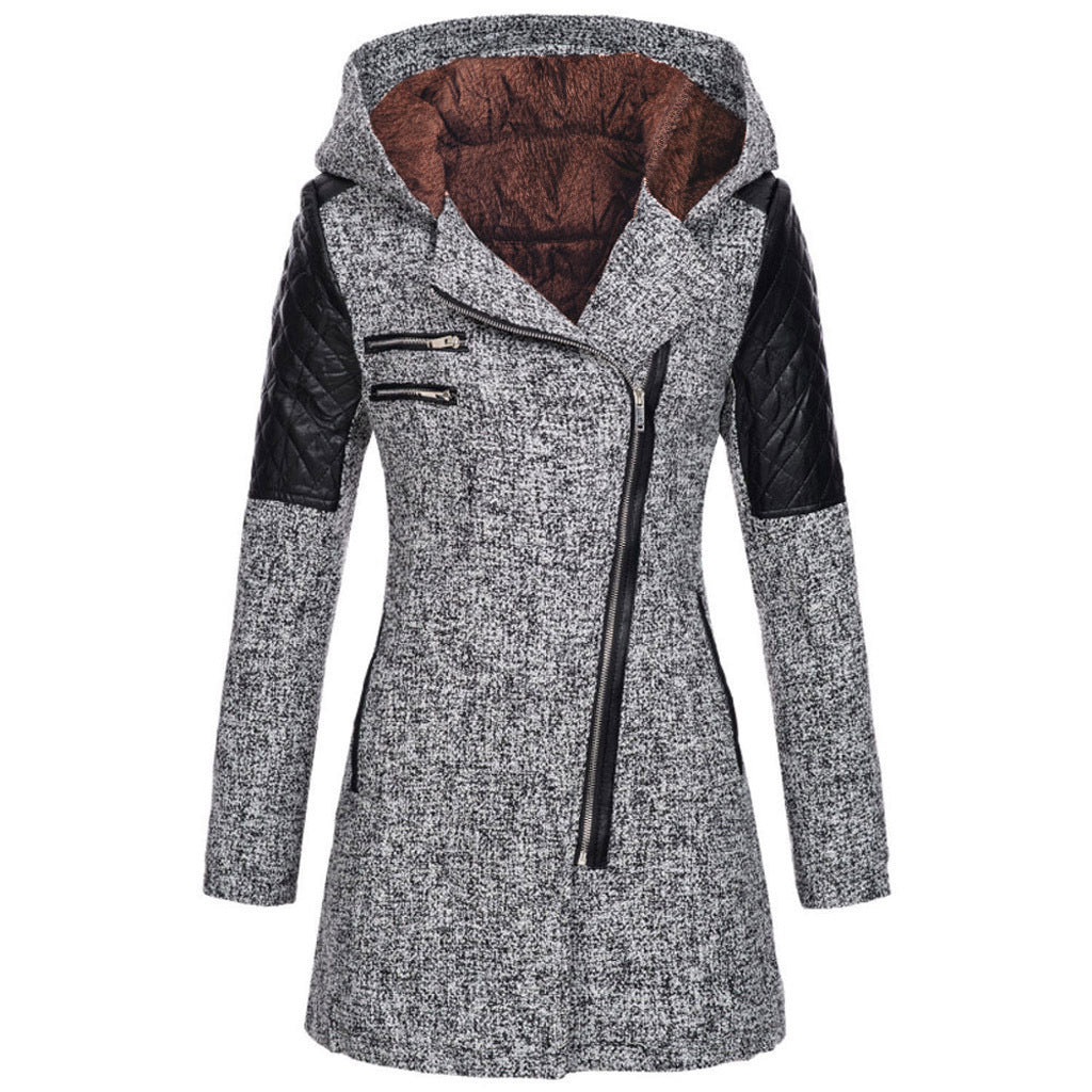 Women Warm Slim Full Zipper Coat Thick Woolen Coat Female Fall Winter Windbreaker Hooded Diagonal Zipper Women's Clothing by My Store