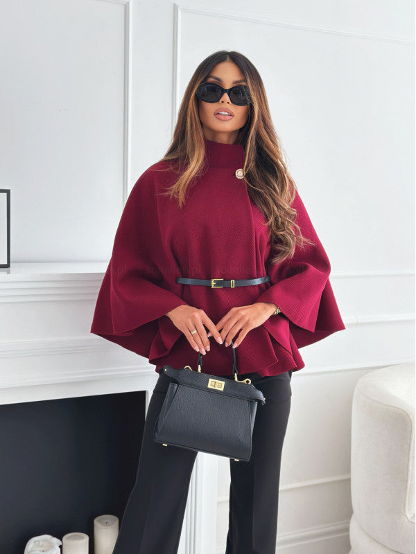 Stand Collar Batwing Sleeves Cloak Top With Belt Ins Fashion Temperament Jacket Woolen Sweater Outwear For Women Clothing by DERILUJA LLC