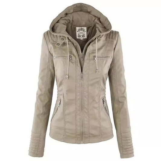Women's Detachable Lapel Long Sleeve Solid Color Zipper Leather Jacket Coat by My Store