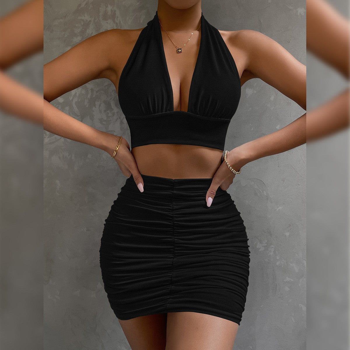 2pcs Dress Suits For Women Halter Lace-up Hip Top And Pleated Hip-covering Skirt by DERILUJA LLC