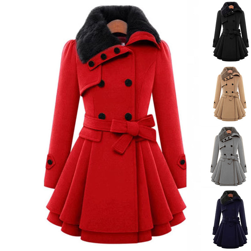 Women's Slim Mid-length Woolen Coat With Belt Thickened Double-breasted Padded Windbreaker Coat by My Store