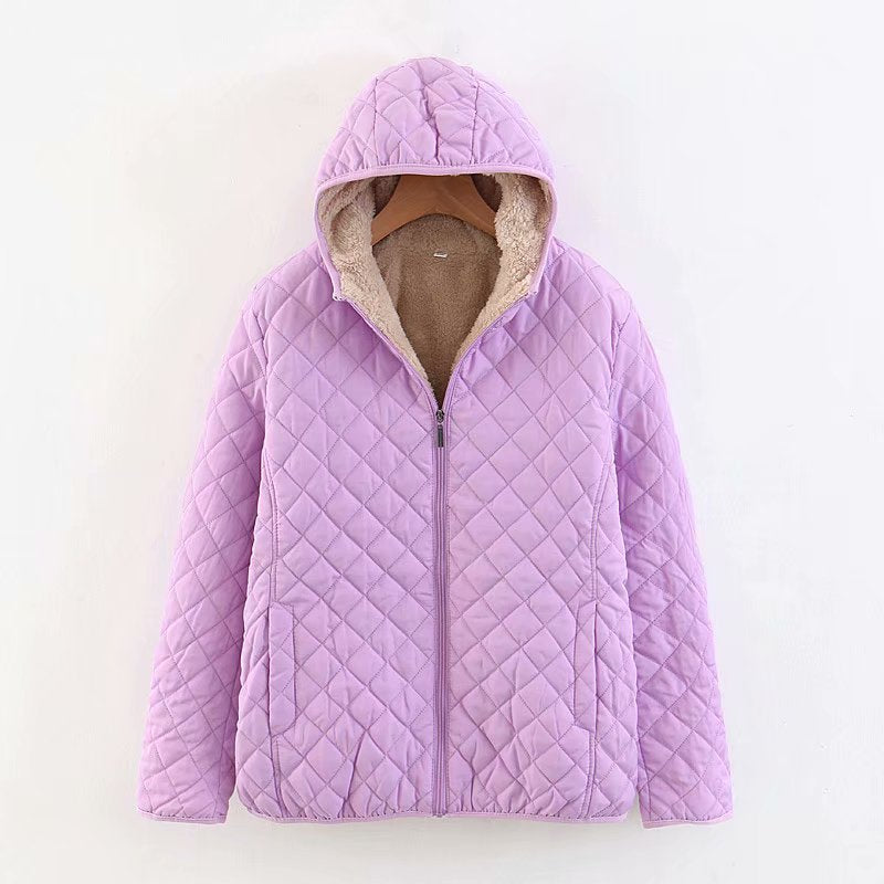 Women's Short Casual Padded Lamb Fleece Jacket by DERILUJA LLC
