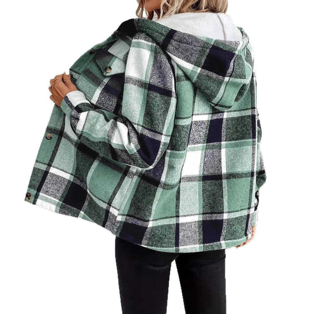 Autumn And Winter Loose Long Sleeve Casual Plaid Hooded Jacket by My Store