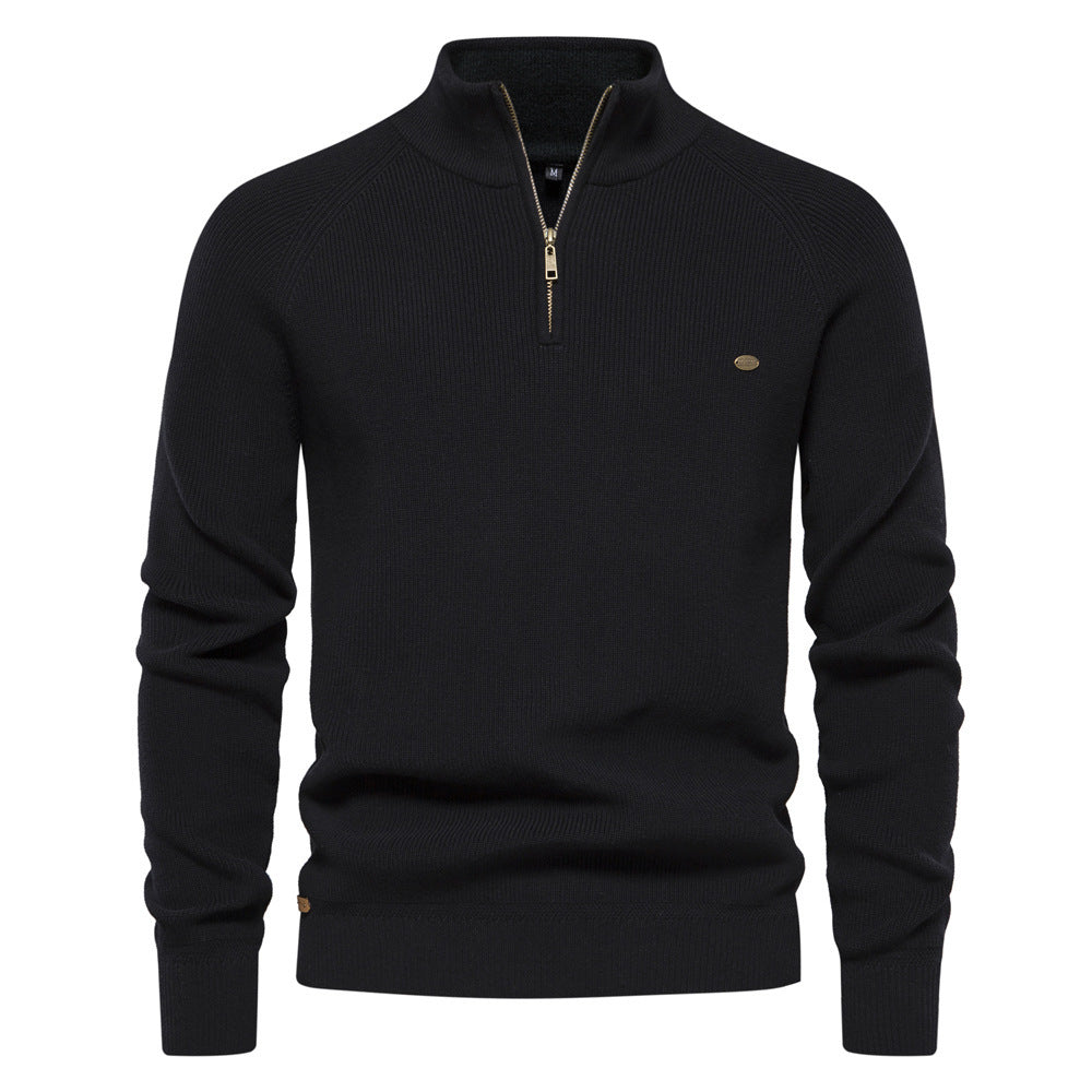 Men's Zipper Stand Collar Knitted Sweater Fashion Slim Solid Color Long Sleeve Half Turtleneck Top Men's Clothing by My Store