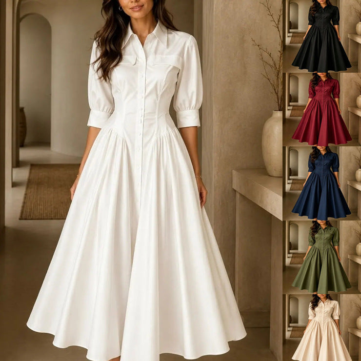 Cotton-linen Blend Single-breasted High-waisted Solid-color Dress by DERILUJA LLC