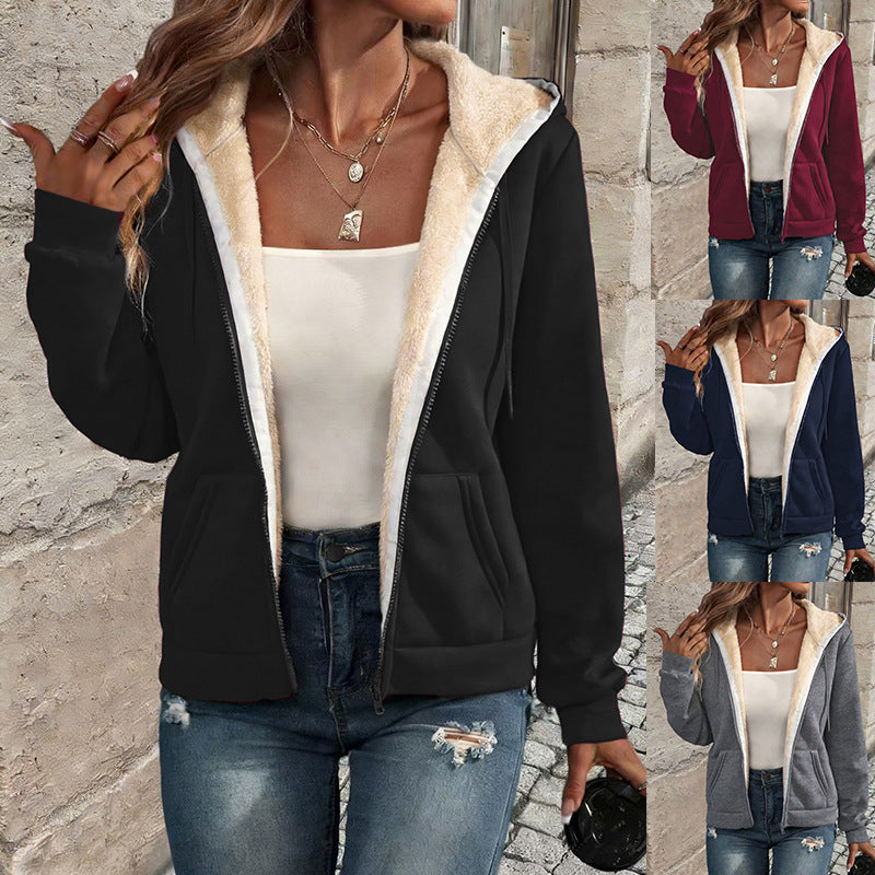 Autumn Winter Fleece-Lined Warm Casual Womens Sweater Zip-Up Jacket by DERILUJA LLC
