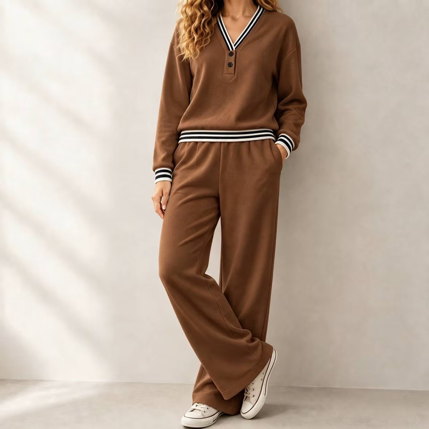 Womens V-neck Striped Sweatshirt And Wide-leg Pants Casual Lounge Set by DERILUJA LLC