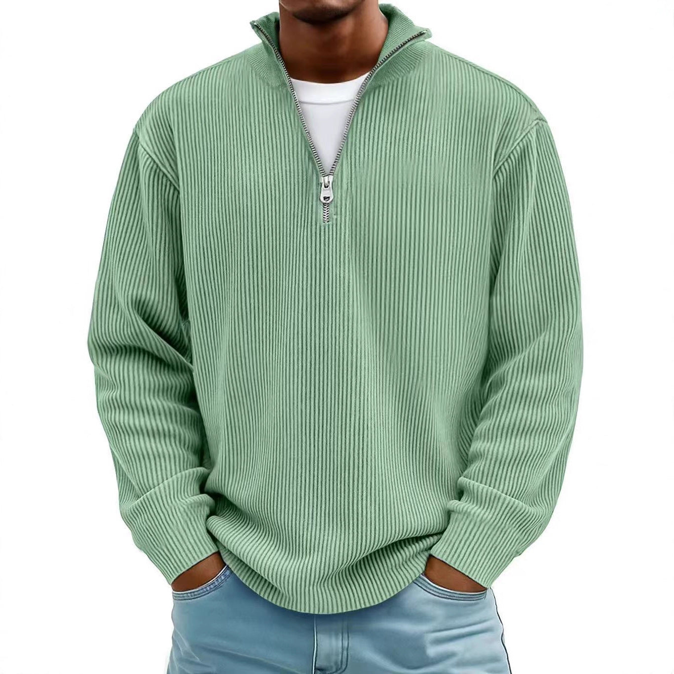 Corduroy Zipper Stand Collar Sweatshirt Fashion Warm Solid Color Long Sleeve Top Men's Casual Polo Shirt Clothing by My Store