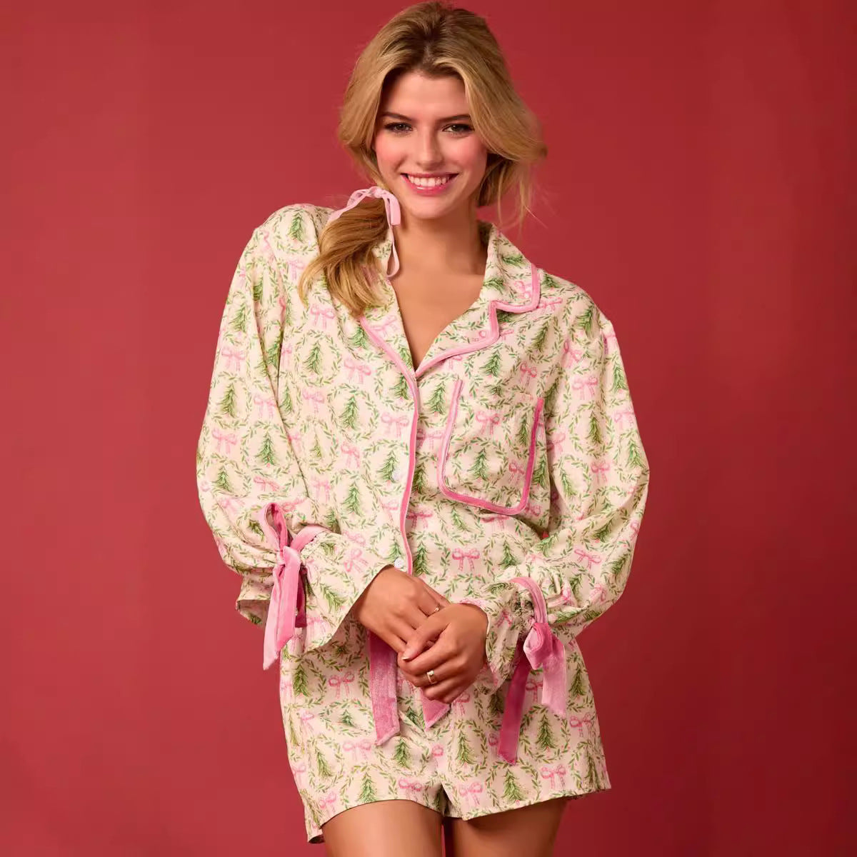 2 Pcs Women's Christmas Pajama Set Santa Tree Print Lapel Neck Button-up Long Sleeve Tops Shorts Loungewear Outfit by My Store