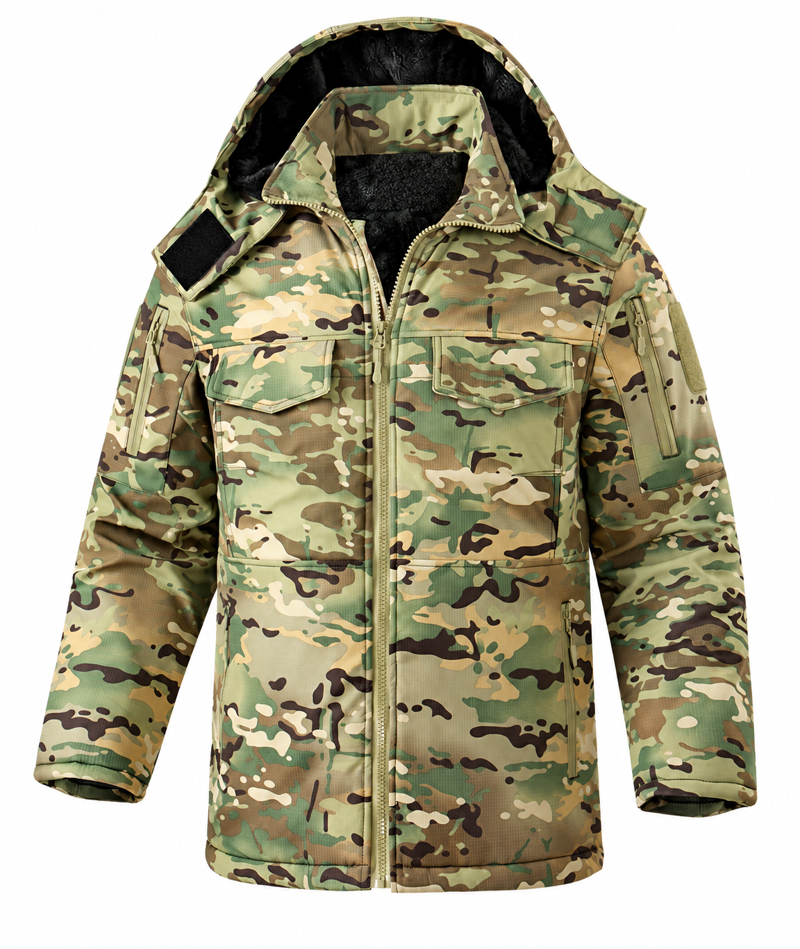 Men’s Fleece-Lined Camouflage Winter Work Jacket – Hooded Mid-Length Coat