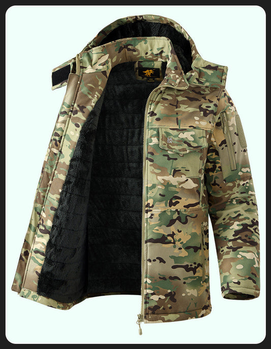 Men’s Fleece-Lined Camouflage Winter Work Jacket – Hooded Mid-Length Coat