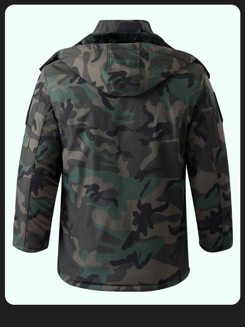 Men’s Fleece-Lined Camouflage Winter Work Jacket – Hooded Mid-Length Coat