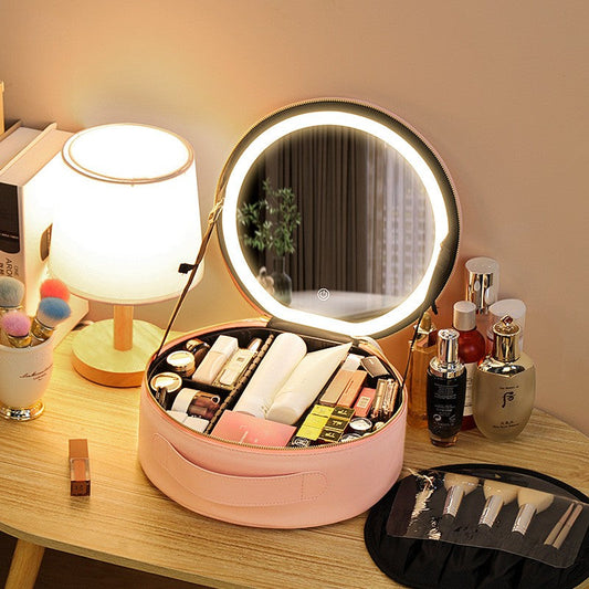 Circular Cosmetic Bag With Mirror And Light Large Capacity