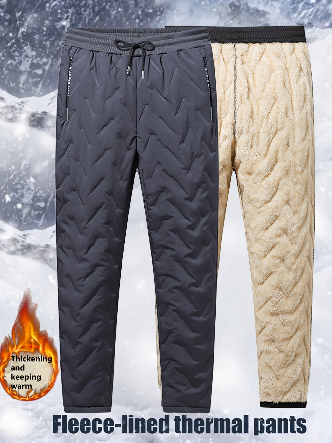 2PCS Ultra Warm Winter Pants – Black & Gray Plush Fleece Thermal Set