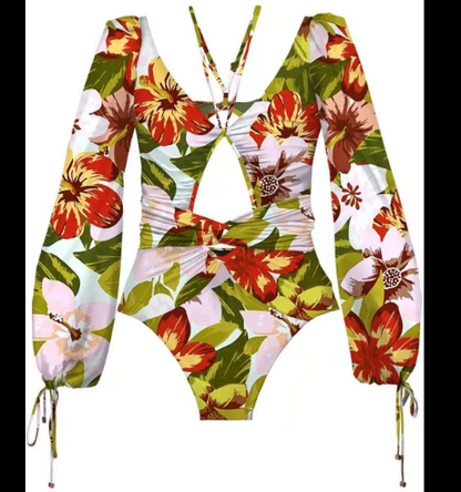 Vintage One Piece Female Sleeve Swimwear Women Plus Size Bathing Suit Print Bandage Summer