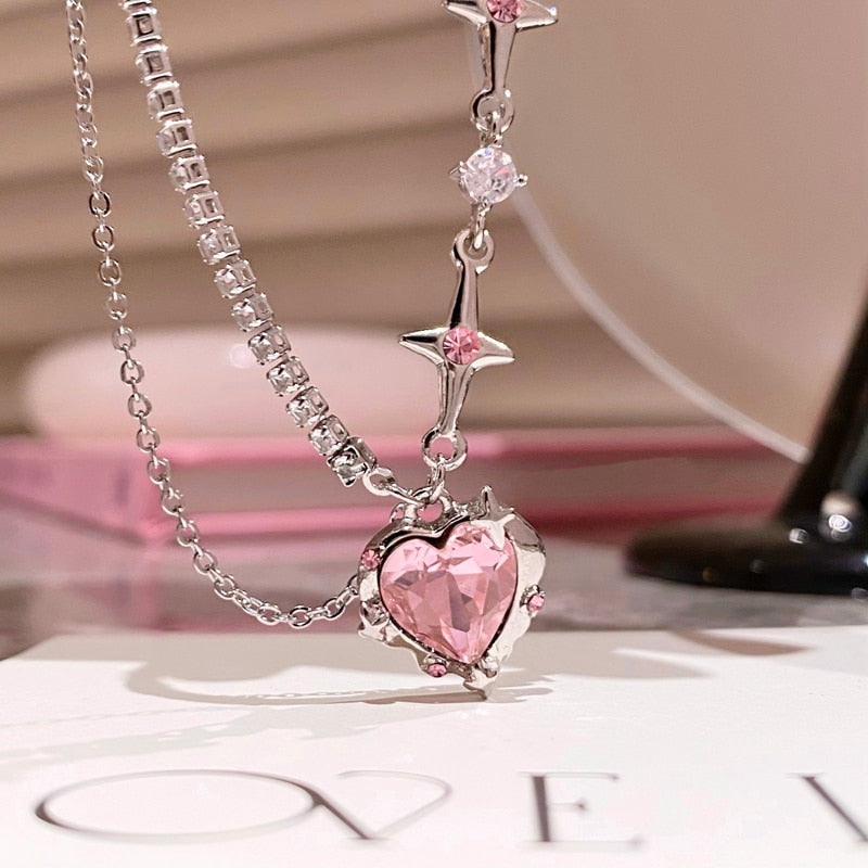Pink Heart Crystal Necklace