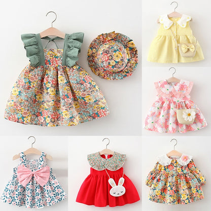 Summer Clothes Baby Girl Beach Dresses Casual Fashion Print Cute Bow Flower Princess Dress Newborn Clothing Set