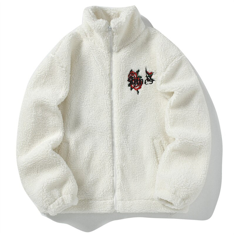 Flower Embroidery Zip Up Thermal Jacket